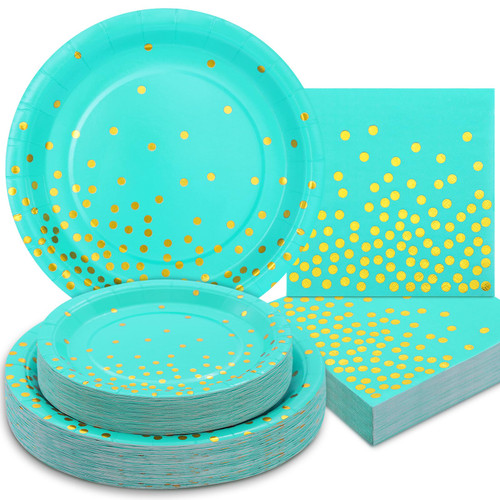 Boocikey 150PCS Teal Plates and Napkins Party Supplies, Teal Paper Plates Disposable Serve 50 Guests, Teal and Gold Party Decorations for Wedding Birthday Baby Shower