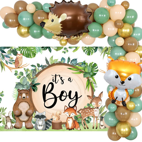 Woodland Baby Shower Decorations for Boy, Woodland Animal Backdrop Balloon Garland Arch Kit, Woodland Creatures Baby Shower Birthday Gender Neutral Party Supplies