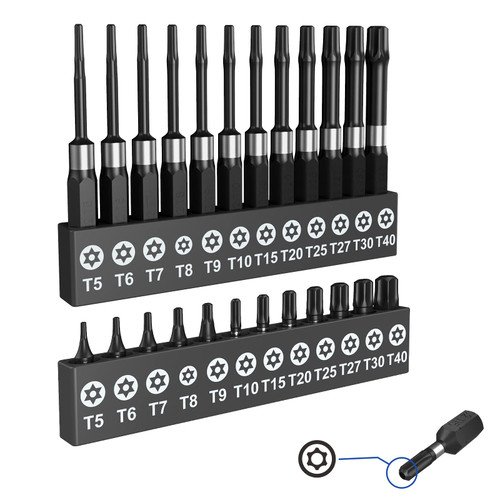 ZIOKOU Screwdriver Bit Set, Security Torx Bit Set, Tamper Resistant Star Bits Set S2 Steel, T5 - T40, 24 Piece