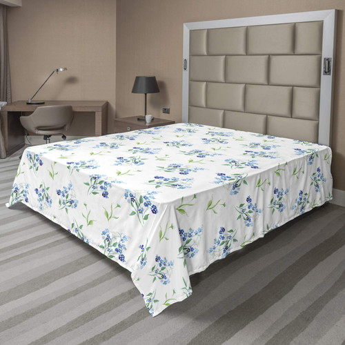 Ambesonne Floral Flat Sheet, Forget Me Nots Branches Flowers Leaves Blossoms on Plain Background, Soft Comfortable Top Sheet Decorative Bedding 1 Piece, King Size, Pale Sky Blue Multicolor