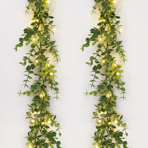 Dolicer 2 Pack Artificial Eucalyptus Garland, Faux Eucalyptus Vines Plant with 40 LED Light Strings Hanging Eucalyptus Leaves Greenery Garland for Table Festival Party Wedding Backdrop Arch Wall Decor