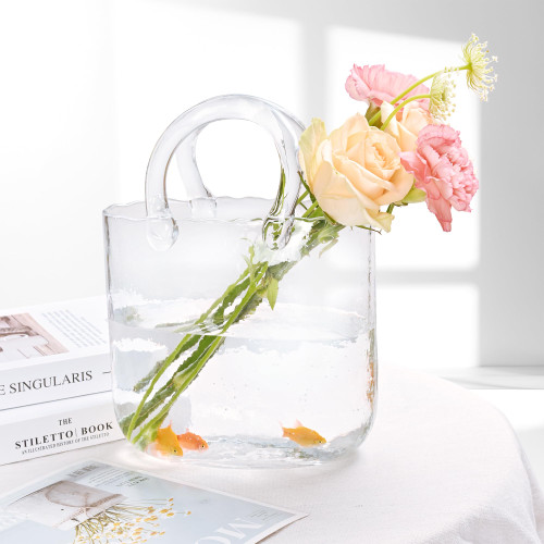 Sparkle Race Glass Purse Vase for Flowers Clear Vase for Centerpieces, Handbag Vase Large Glass Vase for Flowers Table Centerpieces for Dining Room, Small Glass Fish Bowl Flower Vase Modern Home Decor