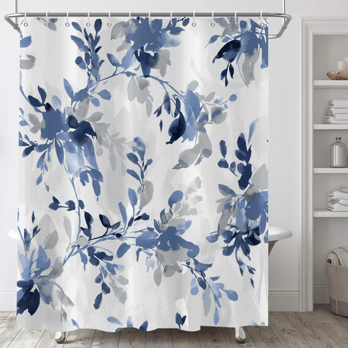 JNWKGN Blue Floral Shower Curtain Watercolor Abstract Flower Plant Leaves Bath Curtain with Hooks Navy Blue Botanical Shower Curtains for Bathroom Waterproof Polyester Fabric Home Decor 72Wx72L