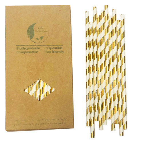 Glittering Metallic Gold Striped Paper Straws Disposable Party Decoration Straws, Clinquant Gold Straws Paper Bling Paper Straws For Wedding, Gold Sticks For Cake Pops In Birthday, Baby Shower
