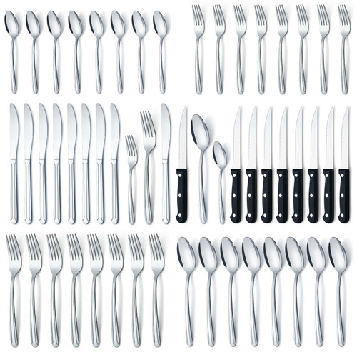 BEWOS 48 Pieces Silverware Set for 8, Cutlery Set with Steak Knives, Stainless Steel Flatware Set, Mirror Polished Flatware, Knives, Forks and Spoons Silverware, Dishwasher Safe Kitchen Utensils Set