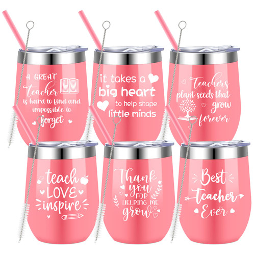 6 Pcs Graduation Thank You Teacher Gifts for Women Teacher Appreciation Gifts Stainless Steel Teacher Tumbler with Straw and Lid 12 oz Insulated Teacher Mug (Pink)