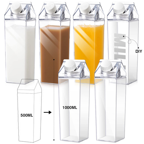 Clear Milk Carton Water Bottle 1000 ml/ 34 Oz Portable Milk Container Reusable Cute Plastic Milk Bottles for Juice Tea Jug Travel Camping Climbing Sports Outdoor Activities Drinking (6 Pieces)