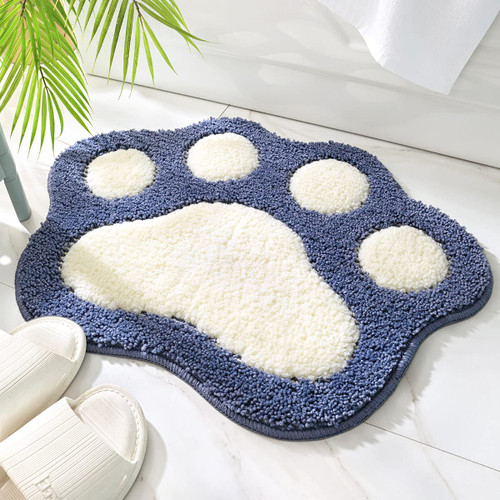 Molesun Paw Shaped Bathroom Rug Non-Slip Bath Mat 17.7 x 23.6, Soft Microfiber Water Absorbent Thick Shaggy Shower Rug, Machine Washable Bath Rug for Bathroom, Blue