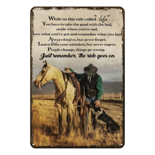 Aenaon Vintage Tin Signs While On This Ride Called Life Retro Cowboy Tin Sign Home Kitchen Bar Wall Decor Man Cave Decor Sign Western Decor 8x12 Inches