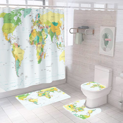 4 Pcs World Map Shower Curtain Set with Non-Slip Rug, Toilet Lid Cover, Bath Mat and 12 Hooks, Geography Countries Capital Cities Waterproof Shower Curtain Sets for Bathroom