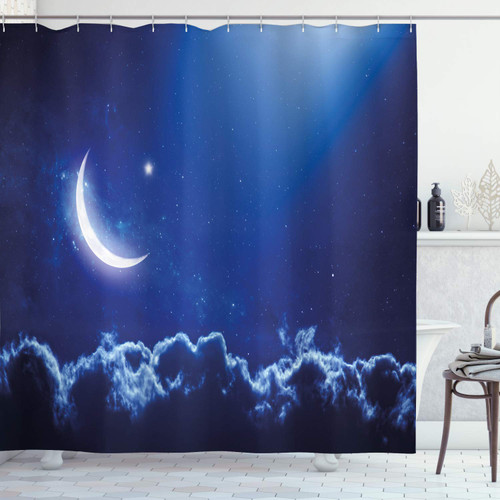 Ambesonne Night Shower Curtain, Crescent Moon in Dark Sky Vibrant Stars Celestial View Midnight Image, Cloth Fabric Bathroom Decor Set with Hooks, 69" W x 70" L, Royal Blue White