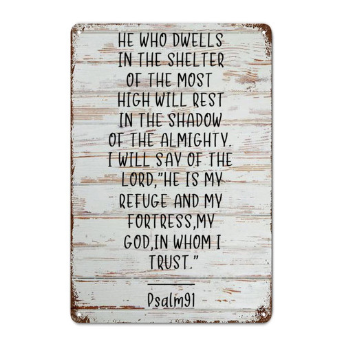LUIJORGY Bible Verse Rustic Metal Sign Wall Art Decor Bible Verse Quote Psalm 91 Wood Grain Scripture Distressed Stylish Tin Signs for Home Cabin Front Door Outdoor Decor 12x8in