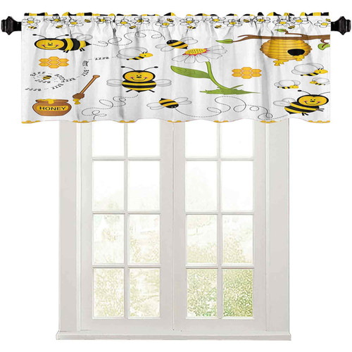 LIGUTARS Rod Pocket Curtain Valance, 42" W x 18" L Flying Bees Daisy Honey Chamomile Flowers Pollen Spring Themed Animal Print L Pocket Window Curtains Valance for Kitchen Room Yellow White Black