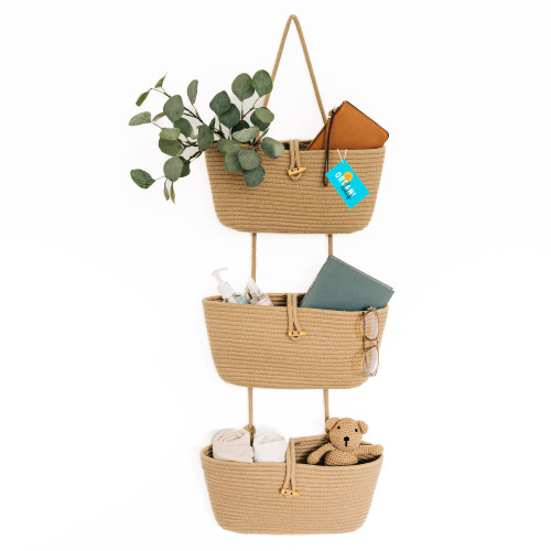 OrganiHaus Woven Hanging Baskets for Organizing | 3-Tier Hanging Wall Basket for Storage | Boho Nursery Closet Organizer | Wall Mounted Basket | Over The Door Storage Basket for Closet Decor - Honey