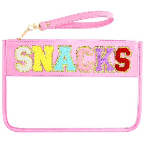 Chenille Letter Bag Clear Snacks Flat Pouch Preppy Stuff Bag with Zipper Travel Makeup Cosmetic Bags for Women Girls (Pink Snacks)