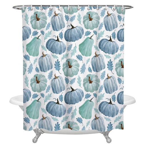 VDLBT Fall Shower Curtains Harvest Pumpkin Thanksgiving Bath Curtain Teal Blue Autumn Leaf Leaves Waterproof Fabric Bathroom Curtain Set with Hooks 72 x 72 Inches