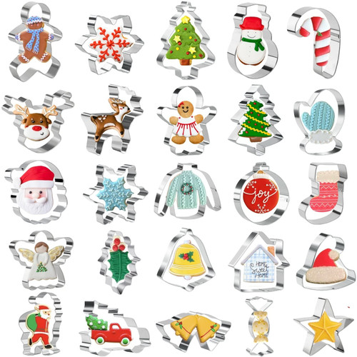 KAISHANE Christmas Cookie Cutters Set of 25 - Stainless Steel Christmas Biscuit Cutter Snowman, Gingerbread Man, Snowflake, Christmas Tree, Beer & More Shapes For Baking Xmas