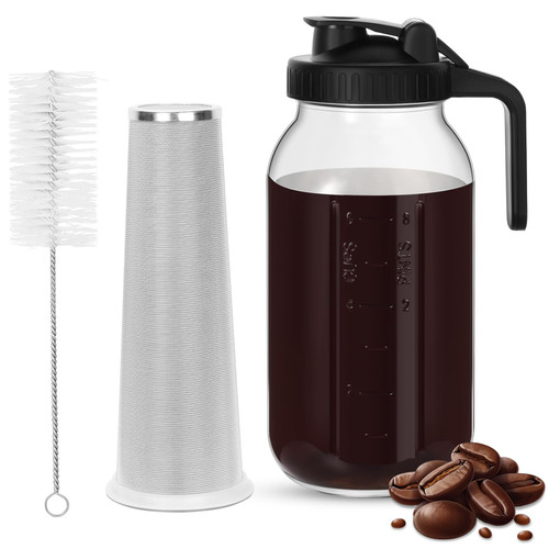 Enrimyee Cold Brew Coffee Maker, 64 OZ Mason Jar Cold Brew Pitcher with Coffee Filter Airtight & Leak-Proof for Coffee, Iced Tea