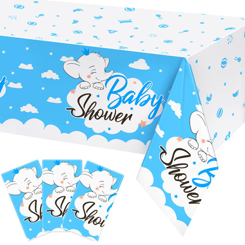 durony 3 Pieces Baby Shower Table Cover Lovely Elephant Tablecloth Plastic Rectangle Table Decorations for Baby Shower Birthday Party Supplies, 108 x 54 Inches (Blue)