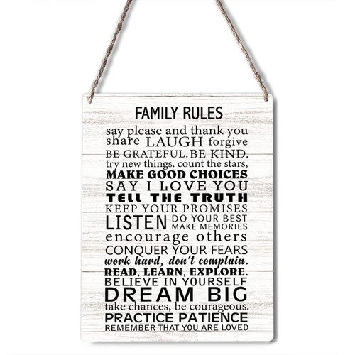 Inspirational Quote Signs Wall Decor Rustic Family Rules Wood Plaque Print Farmhouse Wooden Hanging Sign Decoration for Home Door 8" x 10"
