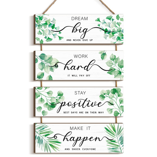 4 Pieces Wooden Inspirational Wall Art Motivational Office Wall Decor Positive Wood Wall Signs with Sayings Greenery Wood Quotes Wall Decor Rustic Wood Hanging Wall Plaque for Home Living Room Bedroom