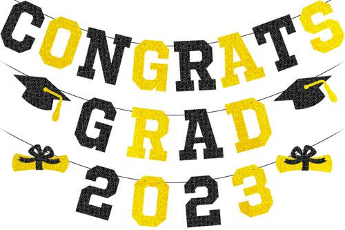 Congrats Grad 2023 Graduation Banner Congrats Grad Graduation Party Class of 2023 Congrats Grad Banner Hanging Decoration for Grad Party College High School Home Party Supplies Black Gold Glitter