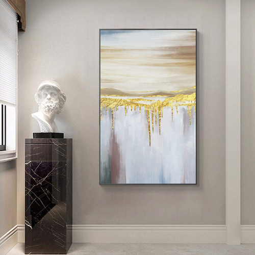 BIVVI Modern Abstract Gold Foil Canvas Painting Flowing Golden Poster Print Luxury Wall Art Pictures for Living Room Home Decor 70x140cm Frameless