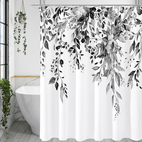Gibelle Black and White Eucalyptus Shower Curtain, Grey Watercolor Plant Leaves with Floral Bathroom Shower Curtain Set with Hooks, 72x72 Gibelle Black and White Eucalyptus Shower Curtain, Grey Watercolor Plant Leaves with Floral Bathroom Shower Curtain Set with Hooks, 72x72