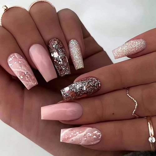 IMSOHOT Long Press on Nails Coffin Pink Fake Nails Ballerina Glossy False Nails Glue on Nails Glitter Full Cover Acrylic Nails with Marble Designs 24pcs
