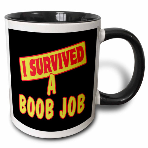 3dRose Boob Job Survival Pride And Humor Design Two tone mug, 11 oz, Black/White
