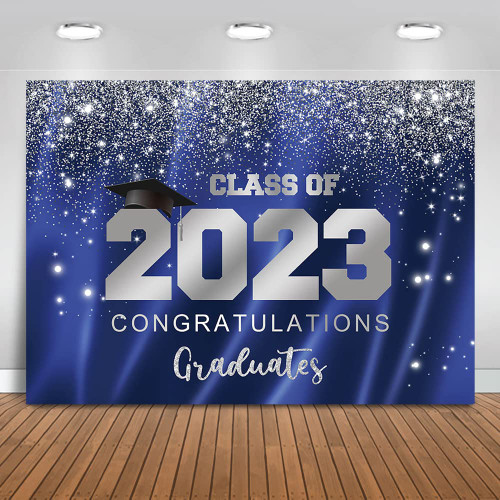 Mocsicka 2023 Graduation Party Backdrop Class of 2023 Blue Silver Glitter Background Congratulations Graduates Party Decoration Banner Photo Booth Props (7x5ft)