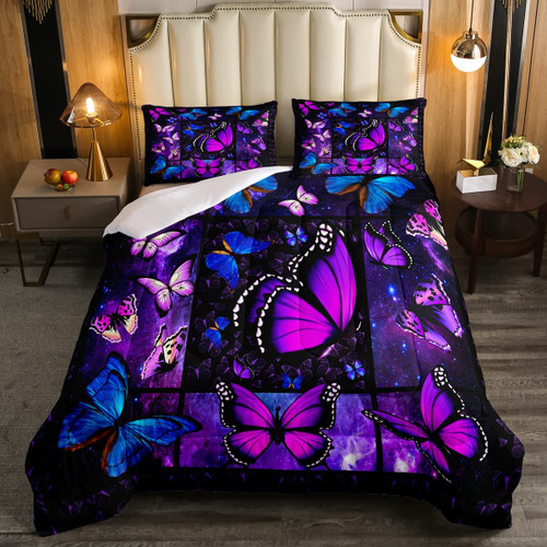 Erosebridal Butterfly Comforter Set Starry Sky Galaxy Comforter Blue Purple Butterfly Bedding Sets Twin for Kids Girls Teens Women Bed,Aesthetics Butterflies Quilt Duvet Set 1 Pillow Case Room Decor
