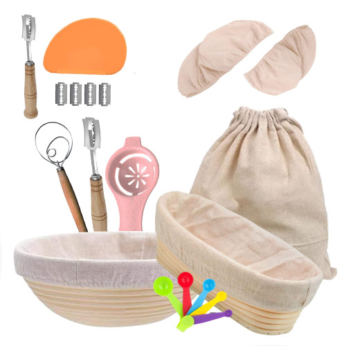Handmade Banneton Bread Proofing Baskets Set of 2, 10 inch Round &10 inch Oval Dough Proofing Bowls for Sourdough Bread Baking with Linen Liner, Bread Lame, Dough Scraper & Tools (Bread Making Kit)
