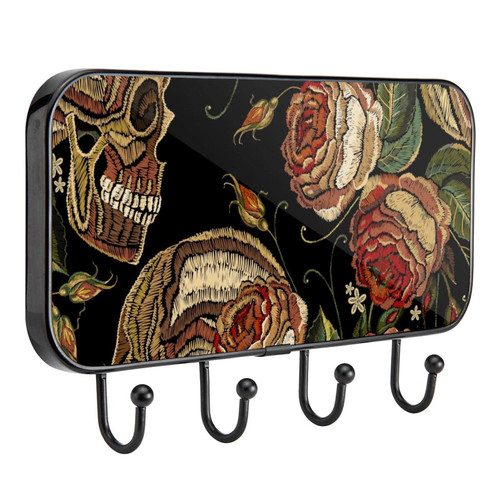 MUOOUM Key Holder for Wall Self Adhesive Key Hooks for Wall Decorative with 4 Key Hooks, Key Rack Key Hanger for Wall Entryway Hallway Bathroom Kitchen, Skull Roses Flowers