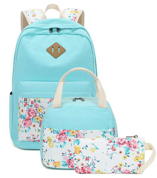 BTOOP School Backpacks for Teen Girls Bookbags Lightweight Canvas Backpack Schoolbag Set (Turquoise-Flower) Large