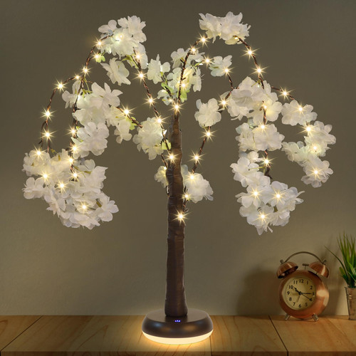 Lighted White Cherry Blossom Tree Lamp,Tabletop Tree with 72 LED Lights 24IN Fairy Lights Artificial Trees with Lights 3 Lighting Modes Battery Operated Lights for Wedding Decor Room Decorations