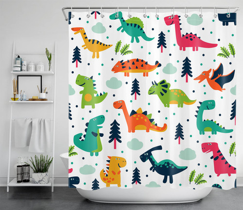 LB Cartoon Dinosaur Shower Curtain for Kids Bathroom Decor, Colorful Cute Funny Animal on White Background Shower Curtains 72X72 inch Polyester Fabric Bathroom Decoration Bath Curtains Hooks Included