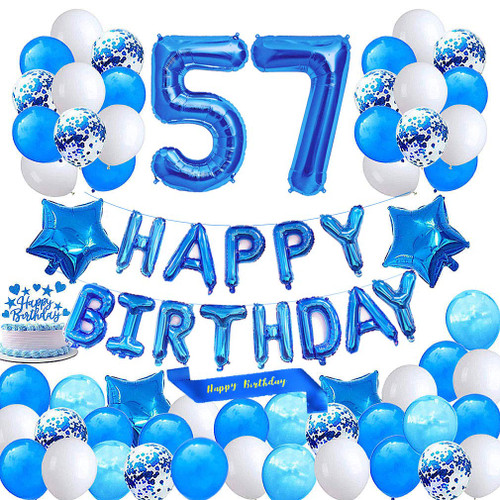 Blue 57th Birthday Decoration Happy Birthday Banner Number 57 Balloons Blue Happy Birthday Sash Cake Topper Latex Confetti Balloons for Men 57 and 75 Years Old Birthday Party supplies Minhero