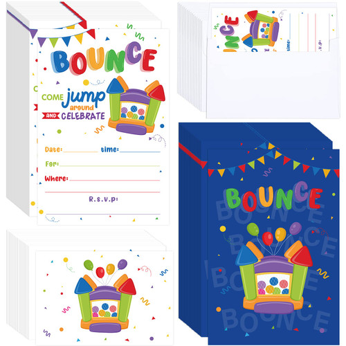 Nezyo 30 Count Bounce House Birthday invitations Jumping Party Invitations Bounce Birthday Party Invite Card with 30 Castle Envelopes for Boy Girl Trampoline Jumping Birthday Party Supplies(Blue)