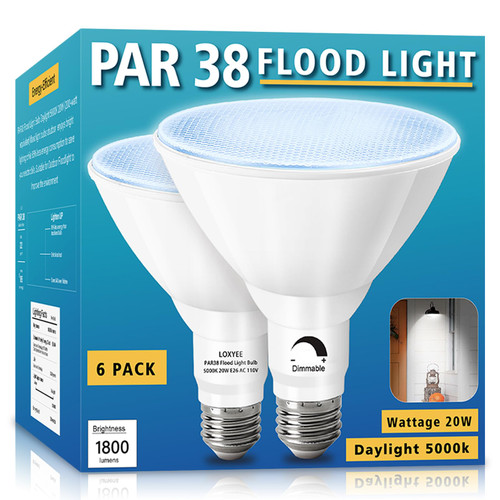 LOXYEE PAR38 LED Outdoor Flood Light Bulbs 6 Pack?Dimmable 20W(200W Equivalent) E26 Base Flood Light Bulbs,5000K Daylight 1800 Lumens LED Flood Light for Outdoor Garden,Garage,Yards LOXYEE PAR38 LED Outdoor Flood Light Bulbs 6 Pack?Dimmable 20W(200W Equivalent) E26 Base Flood Light Bulbs,5000K Daylight 1800 Lumens LED Flood Light for Outdoor Garden,Garage,Yards