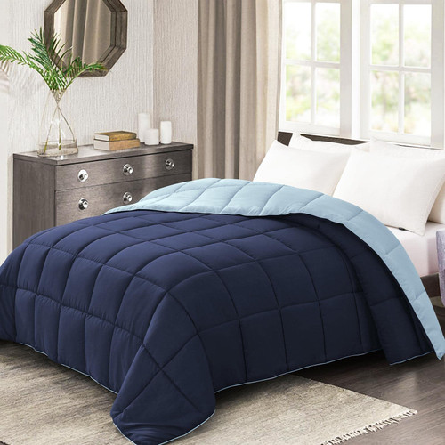 Homelike Moment Queen Lightweight Comforter Navy - All Season Down Alternative Bed Comforter Summer Duvet Insert Quilted Reversible Comforters Full/Queen Size Navy/Light Blue
