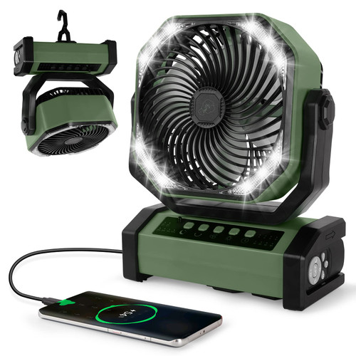 LAMA 20000mAh Rechargeable Camping Fan with LED Light, Portable Tent Fan with Remote Control&Hook, 4 Speed Battery Powered USB Desk Fan for Camping, Worksite, Power Outage, Fishing, Tent, Travel-GN