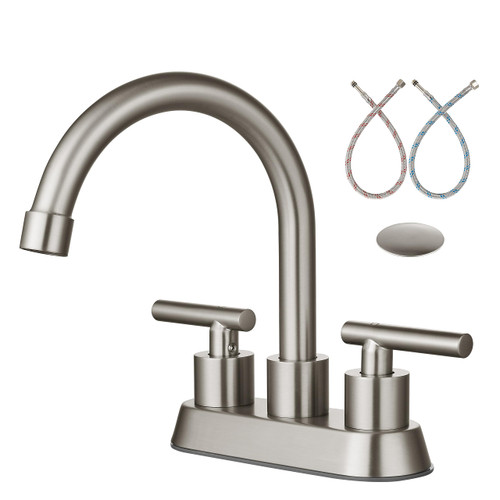 Aolemi 4 Inch Bathroom Faucet Brushed Nickel 2 Handle Centerset Lavatory Sink Faucet Swivel Spout Deck Mount 2 Hole Stainless Steel Basin Mixer Tap with Pop-up Drain with Overflow