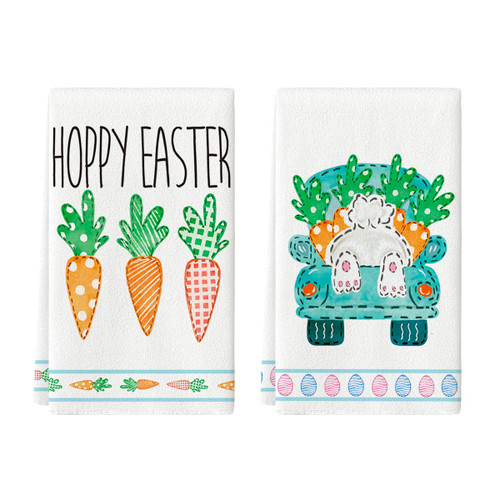 Artoid Mode Bunny Rabbit Carrots Car Truck Hoppy Easter Kitchen Towels Dish Towels, 18x26 Inch Seasonal Holiday Decoration Hand Towels Set of 2