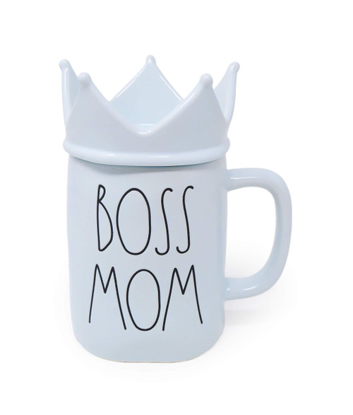 RAE DUNN BY MAGENTA BOSS MOM Light Blue Ceramic LL Coffee Mug With Crown Topper Lid