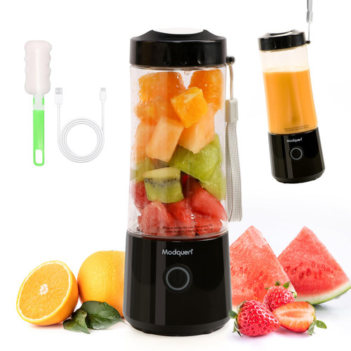 Modquen Portable Blender, 14 oz Personal Size Blender for Shakes and Smoothies, 220 Watt BPA-Free Mini Blender Cup, USB Rechargeable Cordless Blenders (Black)