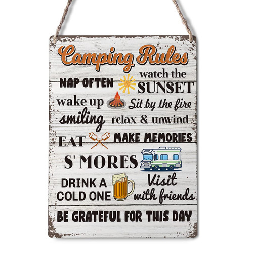 Farmhouse Camping Rules Wooden Sign Wall Decor Rustic Retro Nap Often Watch the Sunset Camp Wood Plaque Hanging Sign Decoration for Home Door Outdoor 8"x10"