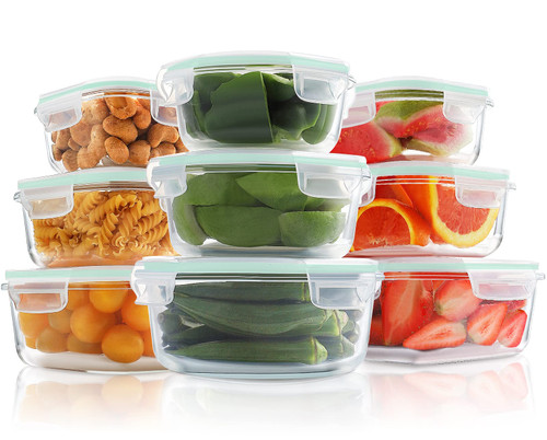 HOMBERKING Glass Food Storage Containers with Lids, [18 Piece] Glass Meal Prep Containers, Airtight Glass Lunch Bento Boxes, BPA-Free & Leak Proof (9 lids & 9 Containers) - Blue