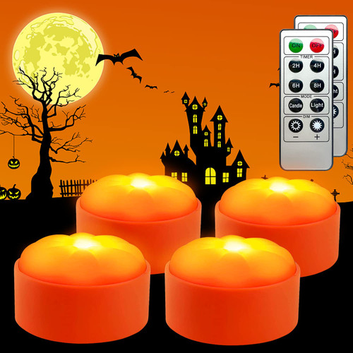 4 Pack Halloween LED Pumpkin Lights Battery Operated,Jack O Lantern with Remote and Timer Halloween Decorations Outdoor Decor Flickering Electric Flameless Candles Light up Lantern Holiday Orange