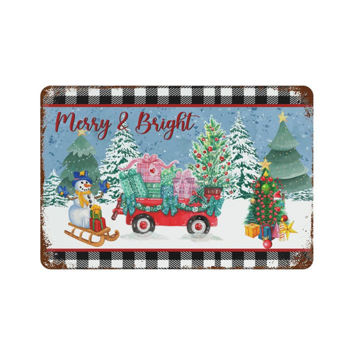 Bedroom Signs Merry & Bright Metal Tin Sign 8x12 in Santa Truck Tree Snowman Decorative Christmas Art Tin Sign Vintage Metal Tin Wall Decor